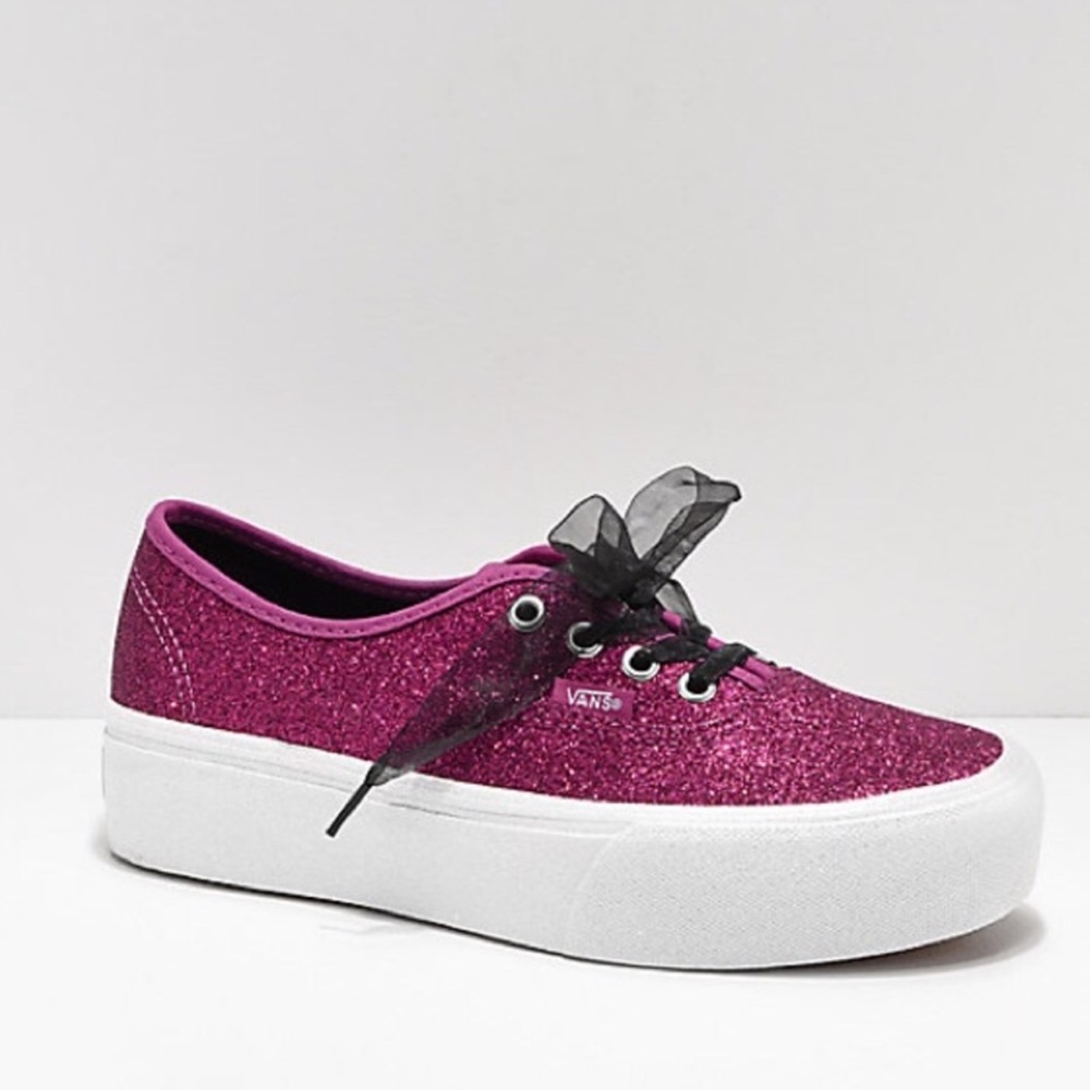 Vans Pink Glitter Platform Sneakers Shoes 8 Black - Picture 2 of 8